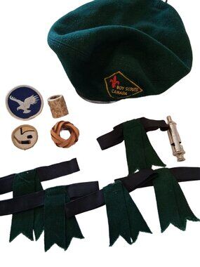 Vintage 70s Boy Scouts Of Canada Mixed Lot Beret Whistle Badges Wpggles Garters